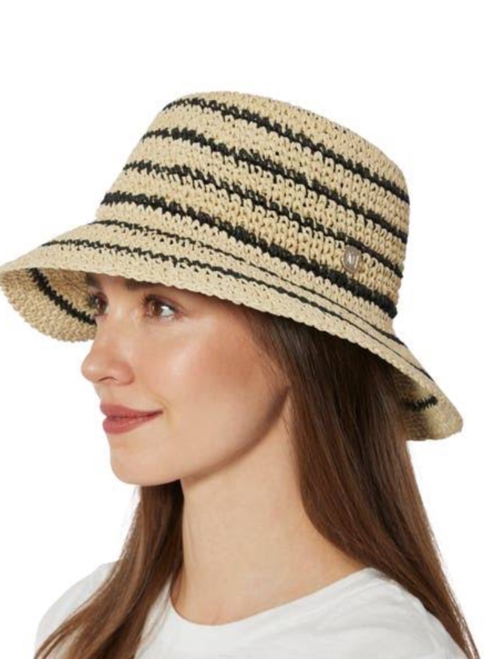 Bruno Magli Striped Crochet Straw Bucket Hat, Brown